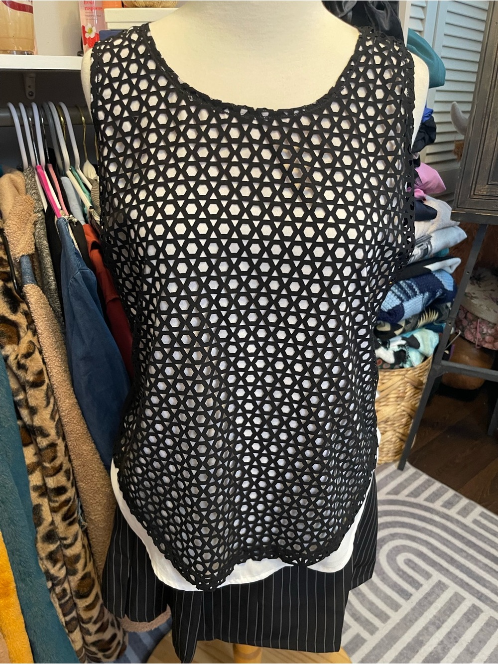 dressbarn Black Geometric Mesh Layered Tank